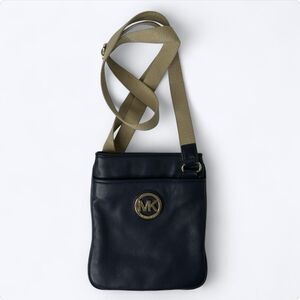 Michael Kors Blue Leather Crossbody Purse Gold Tone Logo Adjustable Canvas Strap